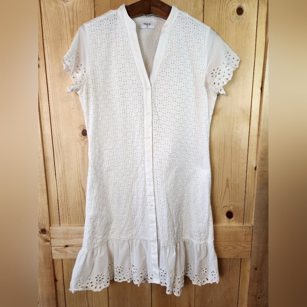 UNTUCKit Pearl White Cotton Eyelet Cap Sleeve Button Down Front Ruffle Hem Dress - Picture 1 of 14